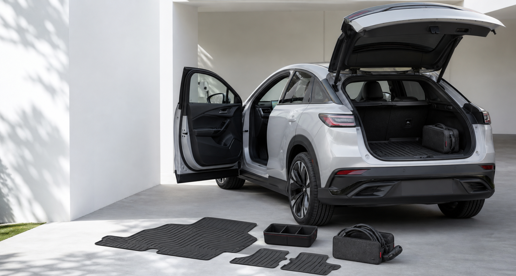 Unbranded electric vehicle with practical floor, cargo and charging accessories
